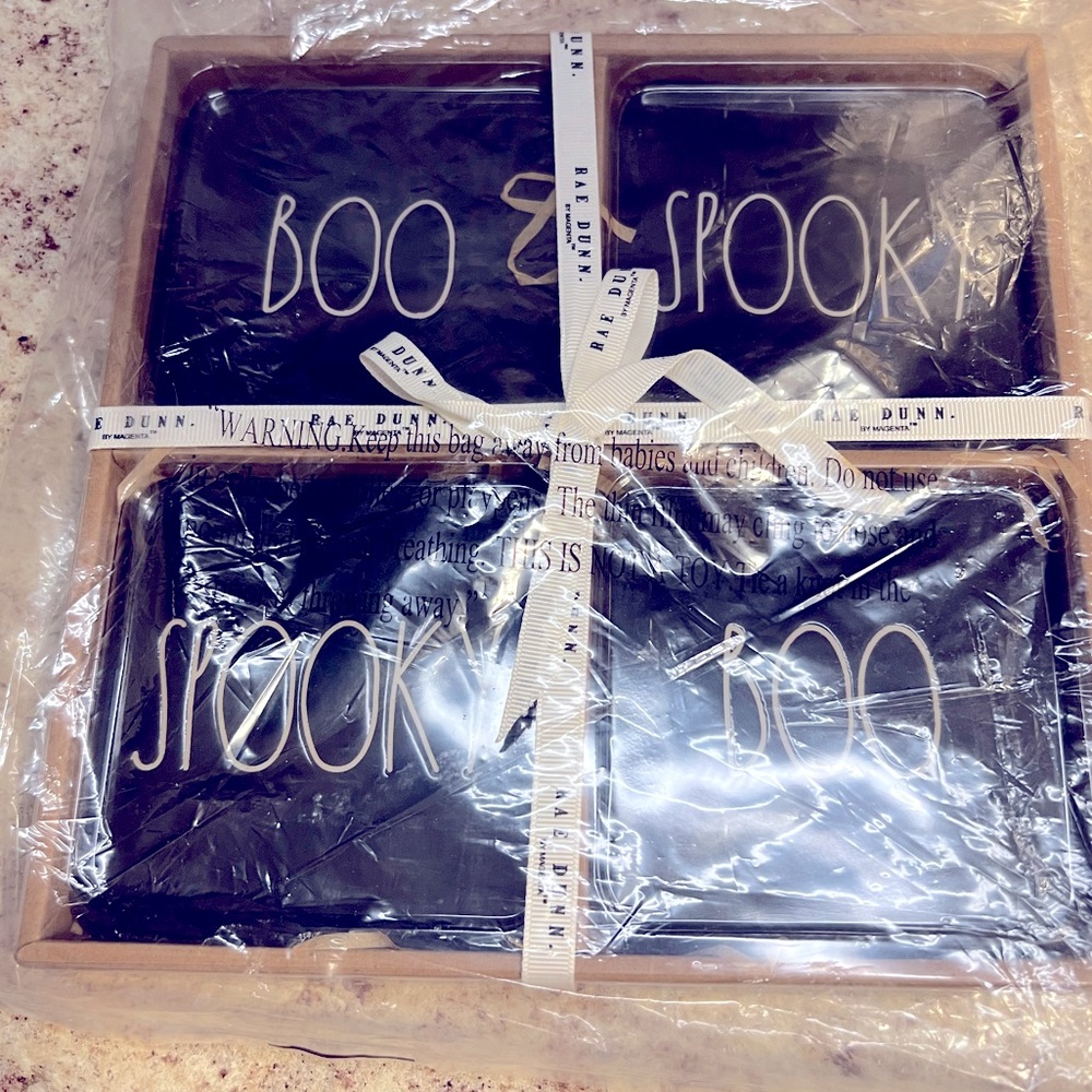 RAE DUNN BOO & SPOOKY Black Ceramic Coasters NWT